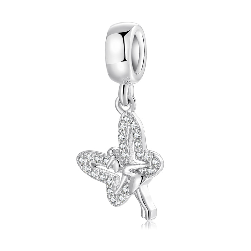 S925 Sterling Silver Butterfly Fairy Dangle Charm Sparkling Pendant Bead For DIY Charm Bracelet Necklace Jewelry Making Gift