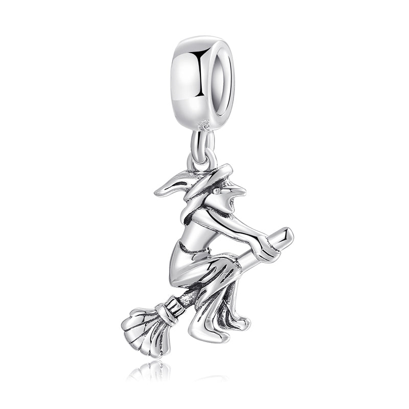 S925 Sterling Silver Witch On Broom Dangle Charm Halloween Pendant Bead For DIY Charm Bracelet Necklace Jewelry Making Gift