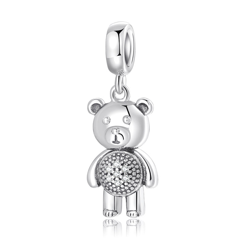 S925 Sterling Silver Teddy Bear Dangle Charm Sparkling Animal Pendant Bead For DIY Charm Bracelet Necklace Jewelry Making Gift