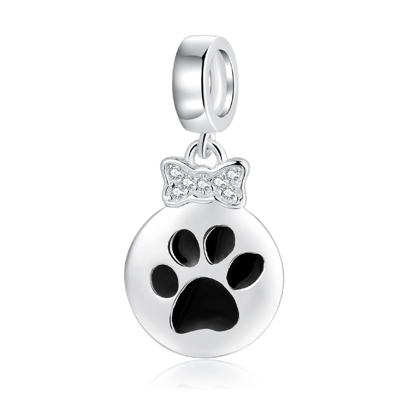 S925 Sterling Silver Cat Paw Bow Dangle Charm Sparkling Pet Pendant Bead For DIY Charm Bracelet Necklace Jewelry Making Gift
