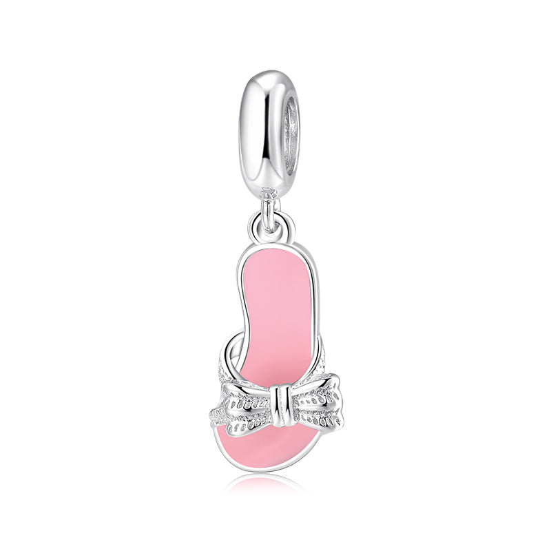 S925 Sterling Silver Pink Bow Slipper Dangle Charm Cute Sandal Pendant Bead For DIY Charm Bracelet Necklace Jewelry Making Gift