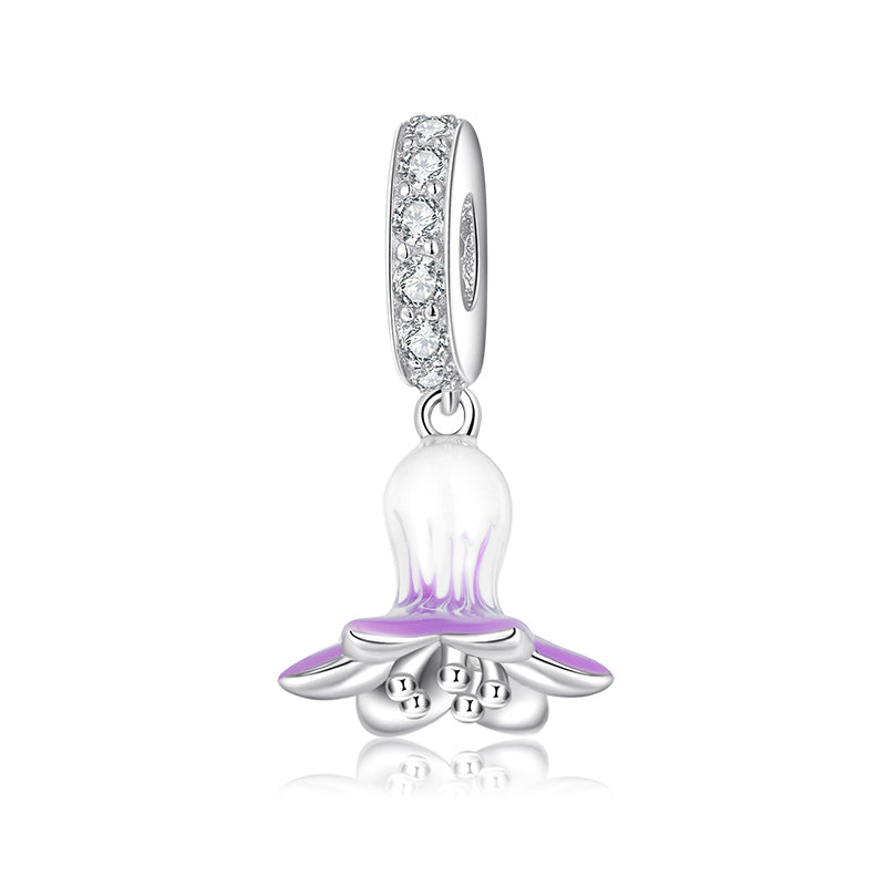 S925 Sterling Silver Purple White Orchid Flower Dangle Charm Floral Pendant Bead For DIY Charm Bracelet Necklace Jewelry Making Gift