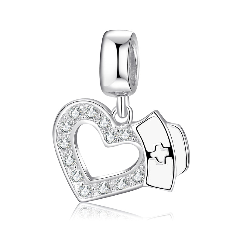 S925 Sterling Silver Nurse Hat Heart Dangle Charm Sparkling Medical Pendant Bead For DIY Charm Bracelet Necklace Jewelry Making Gift