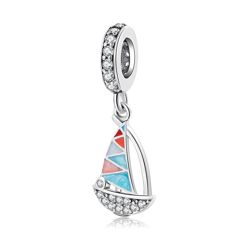 S925 Sterling Silver Colorful Enamel Sailboat Dangle Charm With Sparkling Pendant Bead For DIY Charm Bracelet Necklace Jewelry Gift