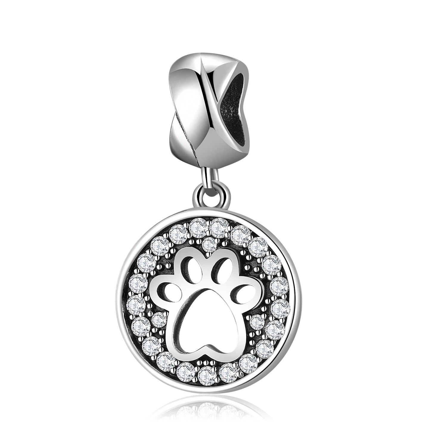S925 Sterling Silver Pet Paw Dangle Charm Sparkling Round Pendant Bead For DIY Charm Bracelet Necklace Jewelry Gift
