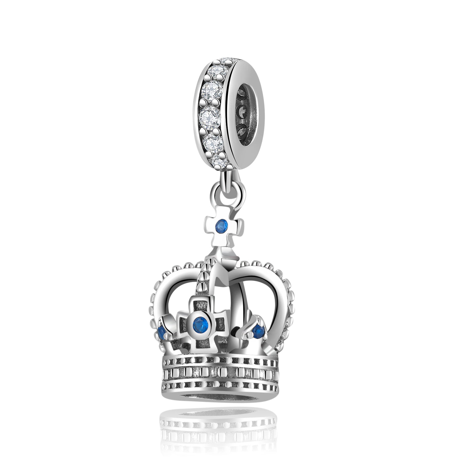 S925 Sterling Silver Crown Dangle Charm Blue Sparkling Pendant Bead For DIY Charm Bracelet Necklace Jewelry Gift