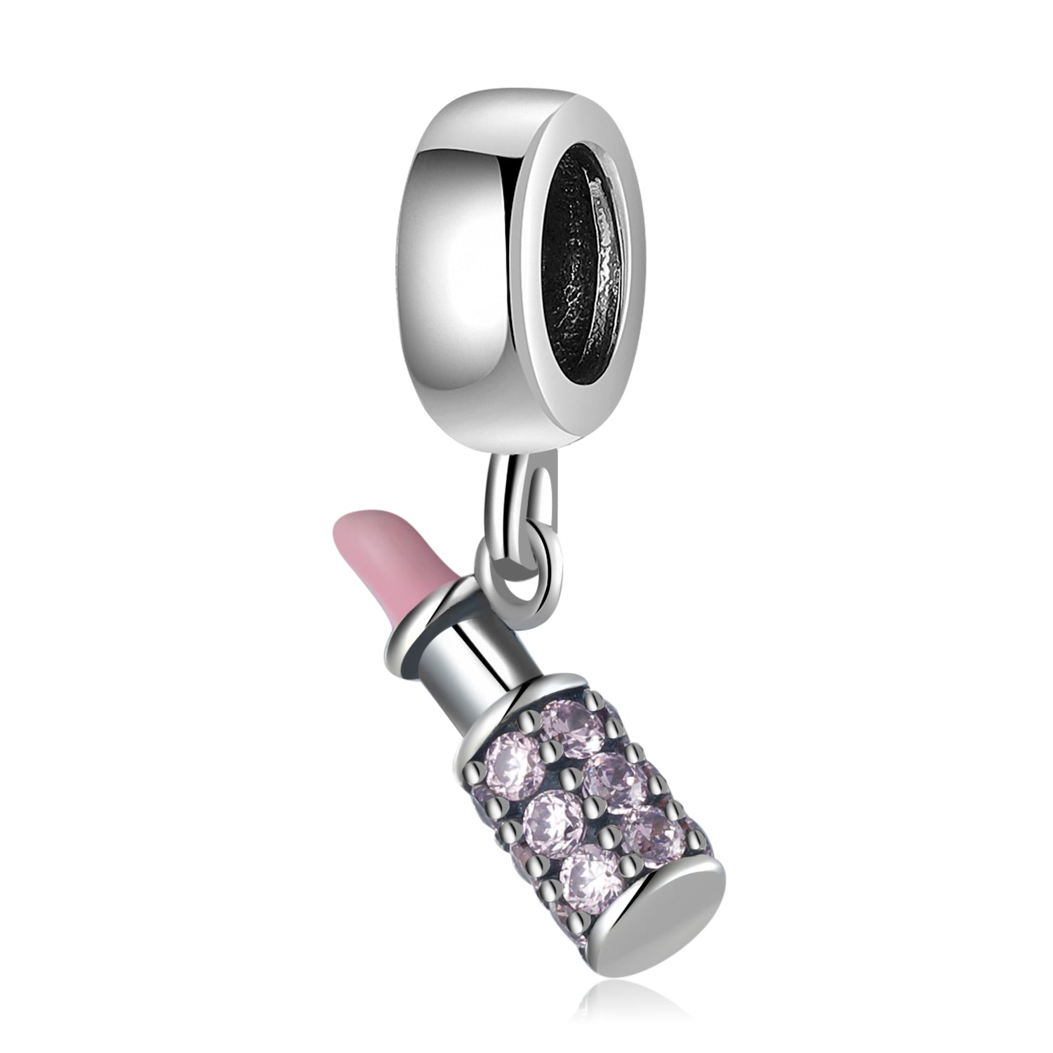 S925 Sterling Silver Pink Lipstick Dangle Charm Sparkling Cosmetic Pendant Bead For DIY Charm Bracelet Necklace Jewelry Gift