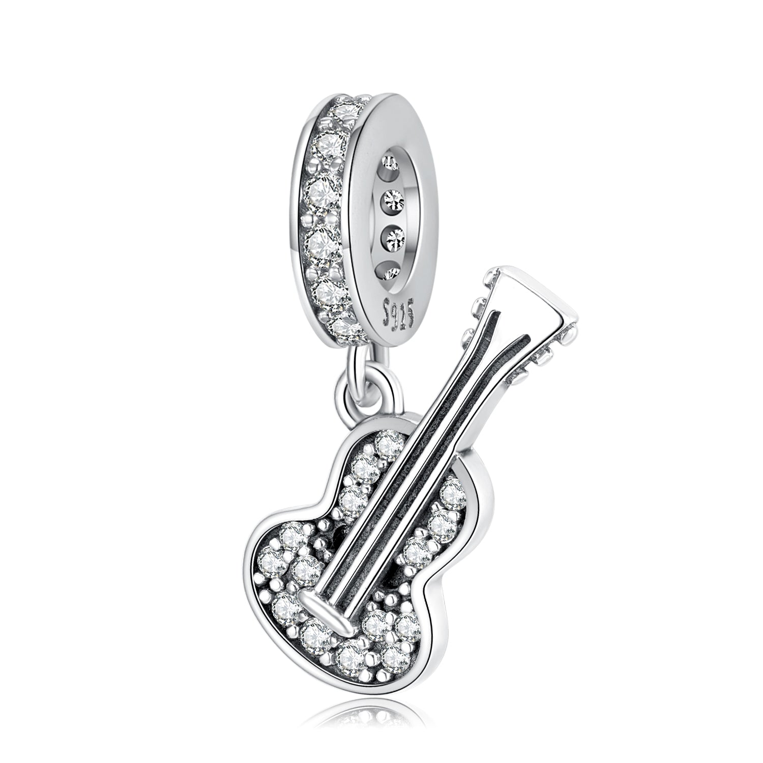 S925 Sterling Silver Guitar Dangle Charm Sparkling Pendant Bead For DIY Charm Bracelet Necklace Jewelry Gift