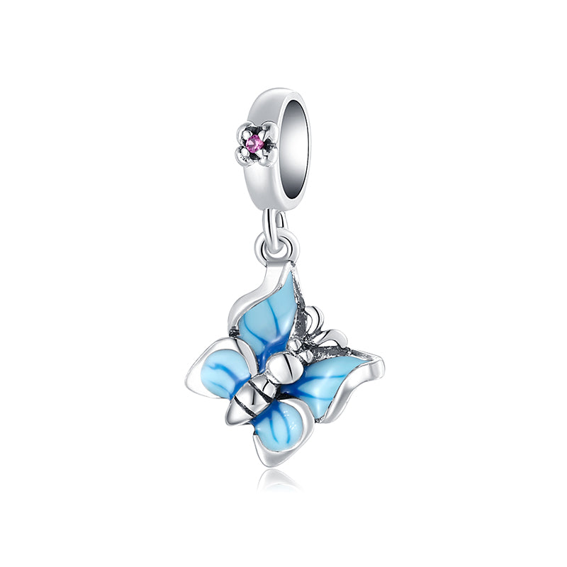 S925 Sterling Silver Blue Butterfly Dangle Charm, Blue Enamel Elegant Insect Bead For DIY Bracelet Necklace, Pandora Compatible Jewelry Accessory Gift