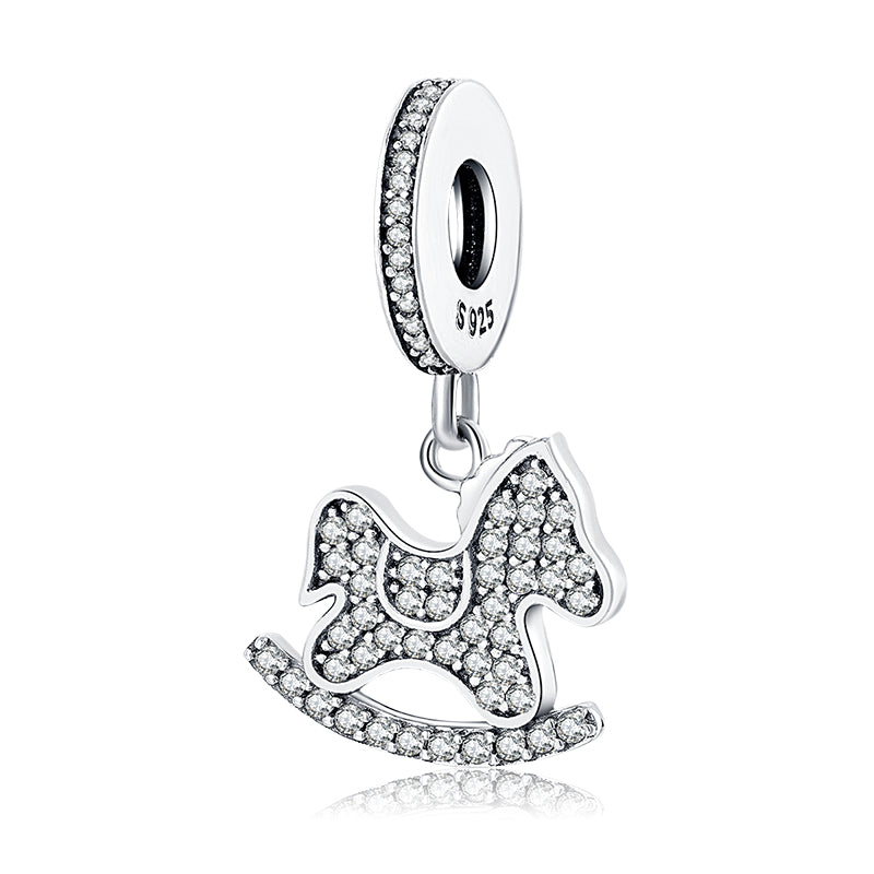 S925 Sterling Silver Rocking Horse Dangle Charm Full Rhinestone Pendant Bead For DIY Charm Bracelet Necklace Jewelry Gift