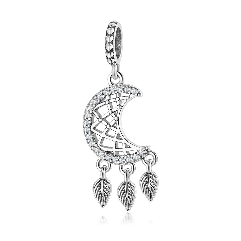 S925 Sterling Silver Moon Dangle Charm Hollow Tassel Leaf Pendant Bead For DIY Charm Bracelet Necklace Jewelry Gift