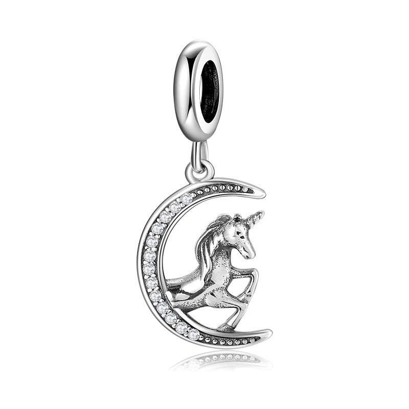 S925 Sterling Silver Unicorn Moon Dangle Charm Magical Pendant Bead For DIY Charm Bracelet Necklace Jewelry Gift