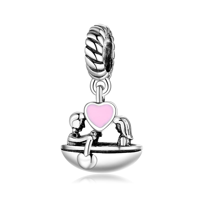 S925 Sterling Silver Couple Rowing Dangle Charm Pink Heart Pendant Bead For DIY Charm Bracelet Necklace Jewelry Gift