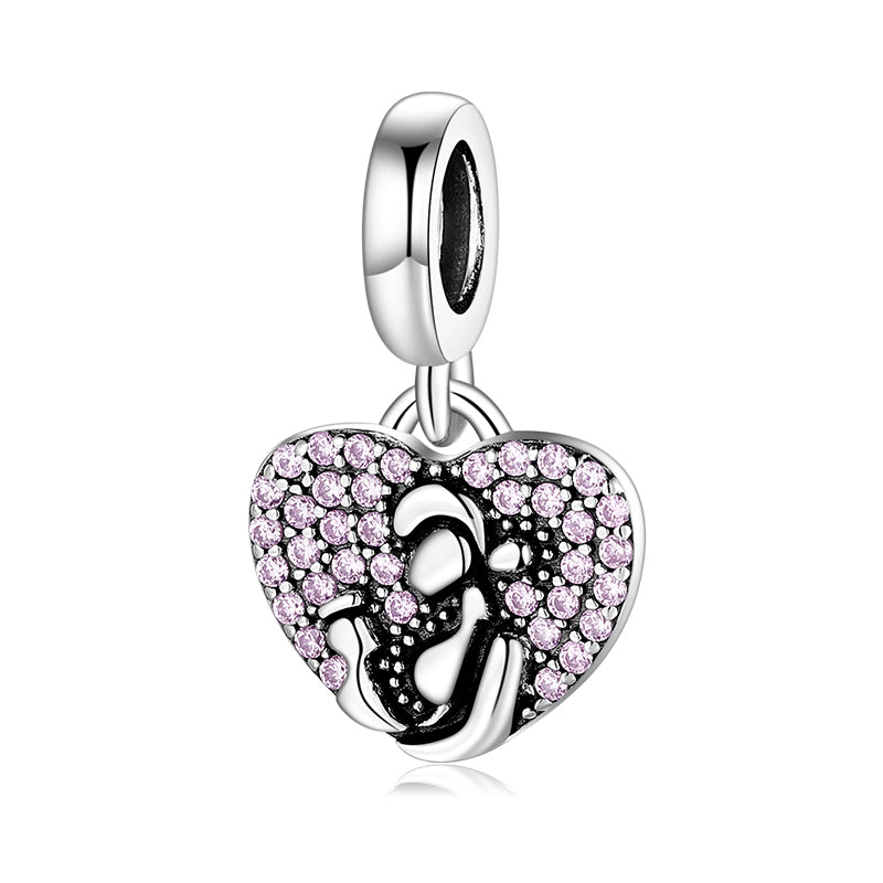 S925 Sterling Silver Heart Dangle Charm Pink Rhinestone Mother And Child Pendant Bead For DIY Charm Bracelet Necklace Jewelry Gift