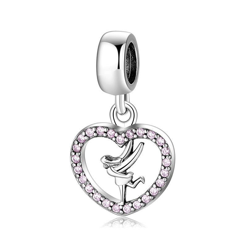 S925 Sterling Silver Heart Dangle Charm Pink Rhinestone Ballet Girl Pendant Bead For DIY Charm Bracelet Necklace Jewelry Gift