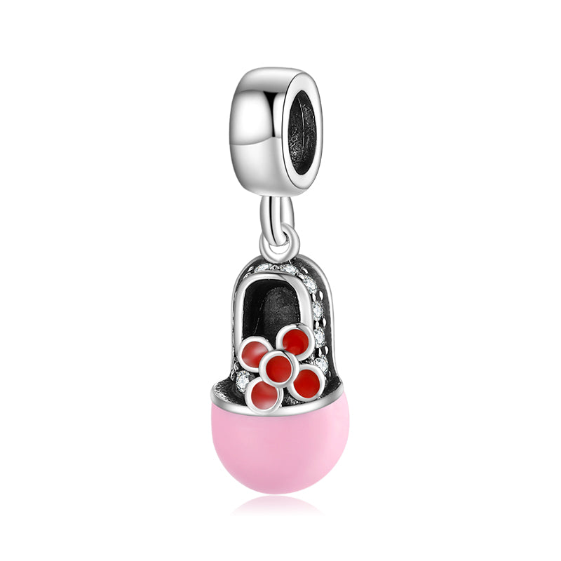 S925 Sterling Silver Big Head Shoes Dangle Charm Pink Enamel Red Flower Pendant Bead For DIY Charm Bracelet Necklace Jewelry Gift