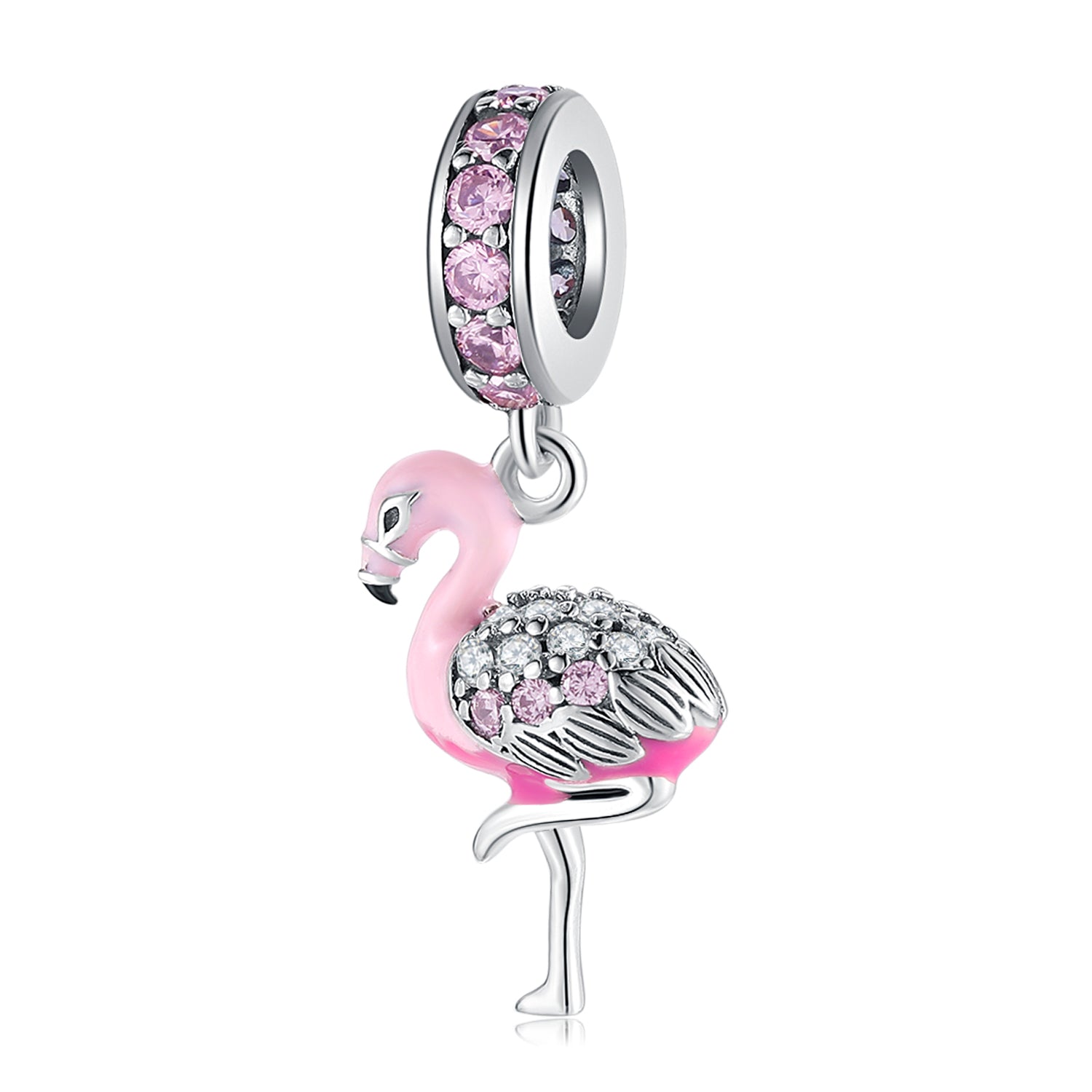 S925 Sterling Silver Pink Flamingo Animal Dangle Charm Bead For DIY Bracelet Necklace Jewelry Gift