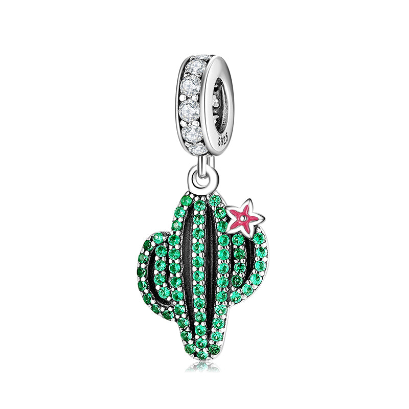 S925 Sterling Silver Green Cactus Dangle Charm Bead For DIY Bracelet Necklace Jewelry Gift