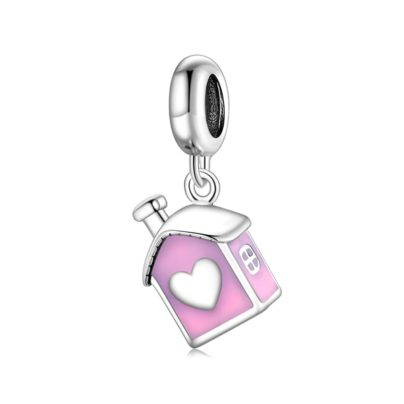 S925 Sterling Silver Pink Heart House Dangle Charm Bead For DIY Bracelet Necklace Jewelry Gift