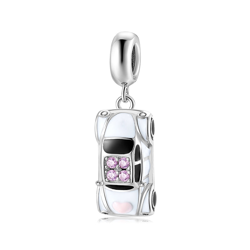 S925 Sterling Silver Car Dangle Charm Pink Rhinestone Creative Pendant Bead For DIY Bracelet Necklace Jewelry Gift