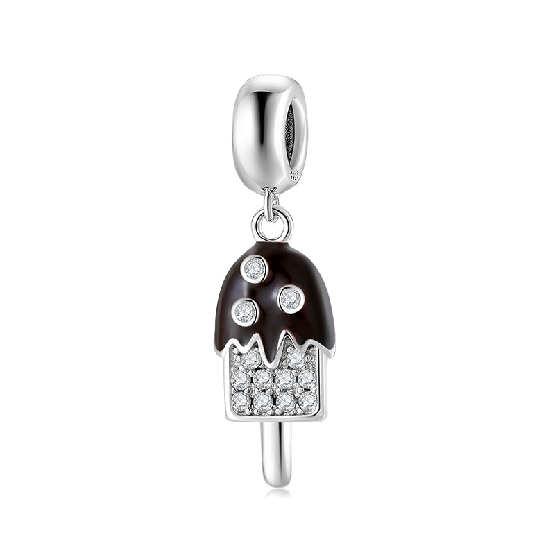 S925 Sterling Silver Ice Cream Dangle Charm Black Rhinestone Pendant Bead For DIY Bracelet Necklace Jewelry Gift