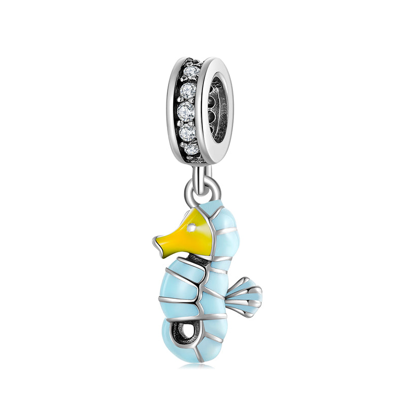 S925 Sterling Silver Seahorse Dangle Charm Resin Cute Ocean Pendant Bead For DIY Bracelet Necklace Jewelry Gift