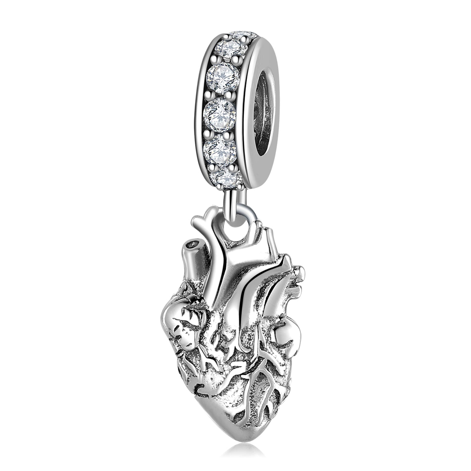 S925 Sterling Silver Anatomical Heart Dangle Charm Rhinestone Pendant Bead For DIY Bracelet Necklace Jewelry Gift