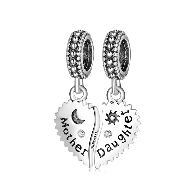 S925 Sterling Silver Mother-Daughter Heart Dangle Charm Minimalist Pendant Bead For DIY Bracelet Necklace Jewelry Gift