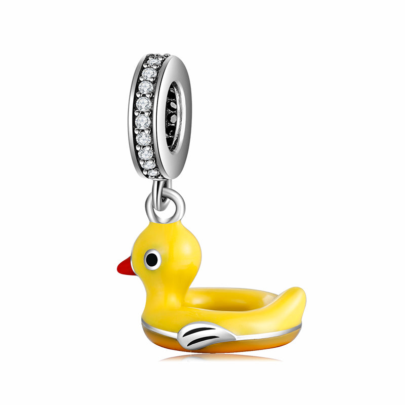 S925 Sterling Silver Colorful Enamel Duck Swim Ring Dangle Charm, Cute Summer Animal Bead For DIY Bracelet Necklace, Pandora Compatible Jewelry Accessory Gift