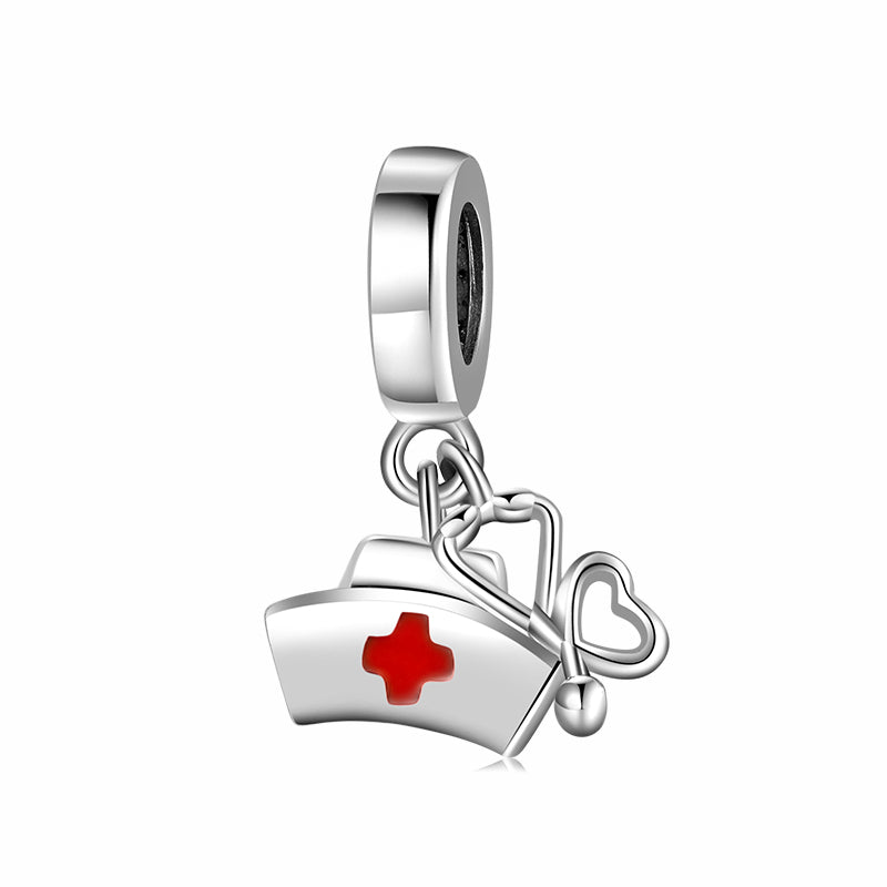 S925 Sterling Silver Nurse Hat Stethoscope Dangle Charm Pendant Bead For DIY Bracelet Necklace Jewelry Gift