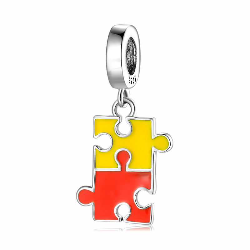S925 Sterling Silver Puzzle Dangle Charm Couple Style Color Enamel Pendant Bead For DIY Bracelet Necklace Jewelry Gift