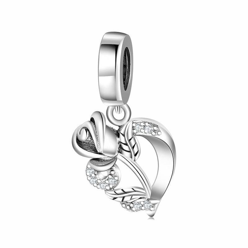 Rose Heart Dangle Charm 925 Sterling Silver Sparkling Rose Love Pendant Bead For DIY Charm Bracelet Necklace Romantic Jewelry Gift