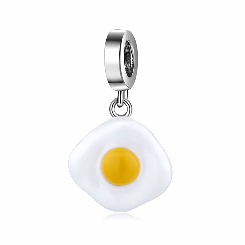 S925 Sterling Silver Fried Egg Dangle Charm, Cute Food Enamel Bead, Unique Design For DIY Bracelet Necklace, Pandora Compatible Jewelry Accessory Gift