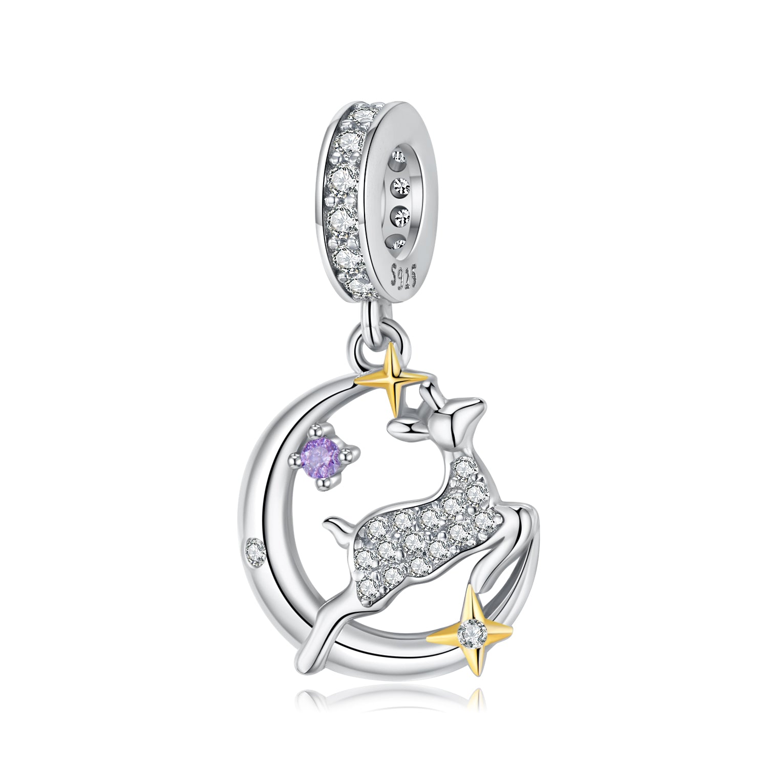 S925 Sterling Silver Moon And Reindeer Pendant With Zircon, Christmas DIY Bracelet Jewelry