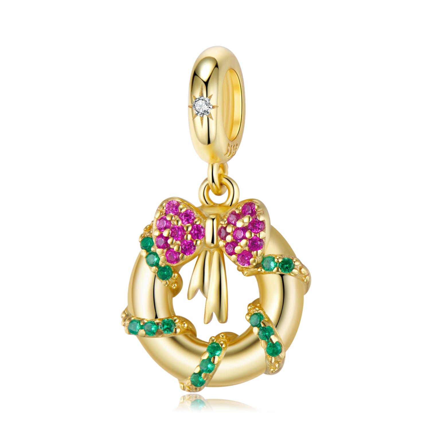 S925 Sterling Silver Gold-Plated Bow Wreath Pendant, Christmas DIY Bracelet Jewelry