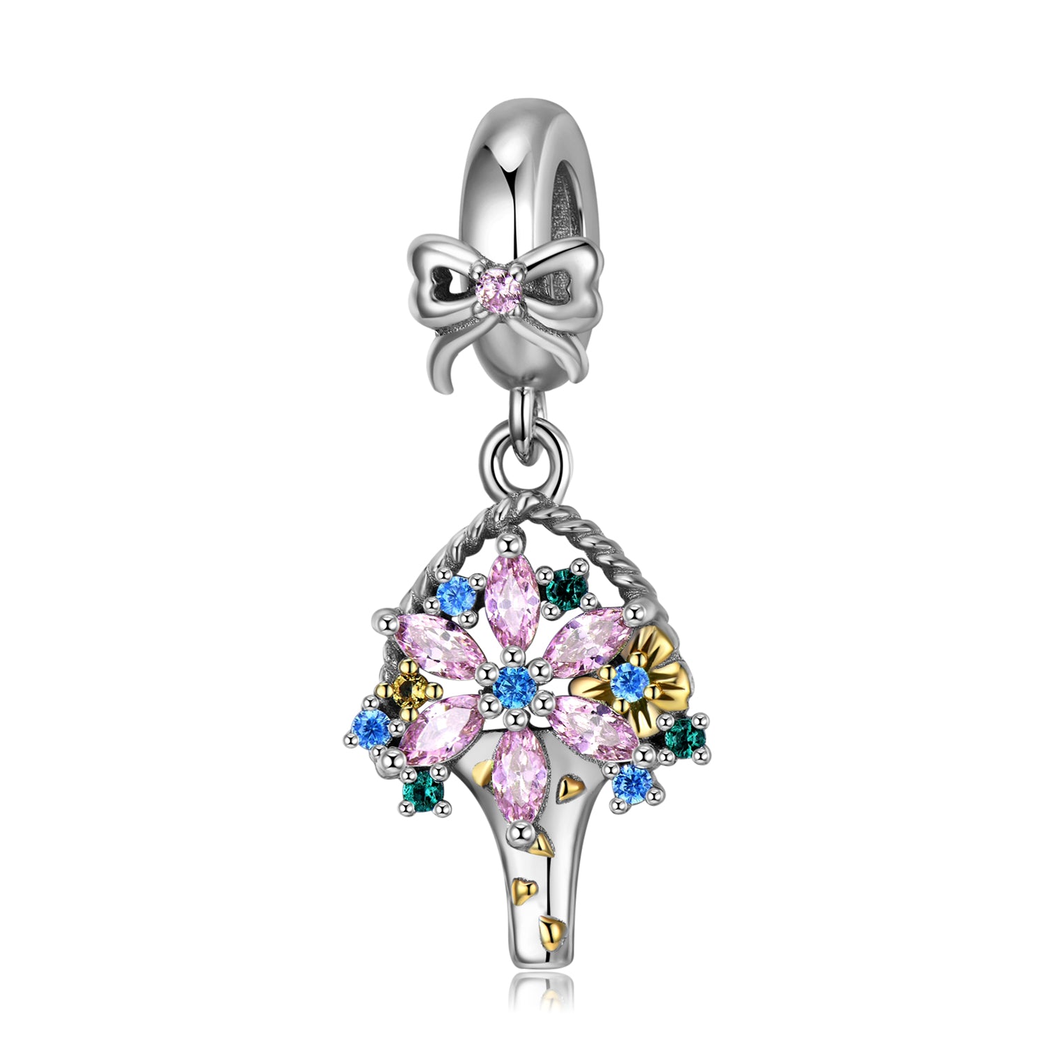 S925 Sterling Silver Flower Bouquet Dangle Charm Mother's Day Pendant Bead For DIY Charm Bracelet Necklace Jewelry Gift