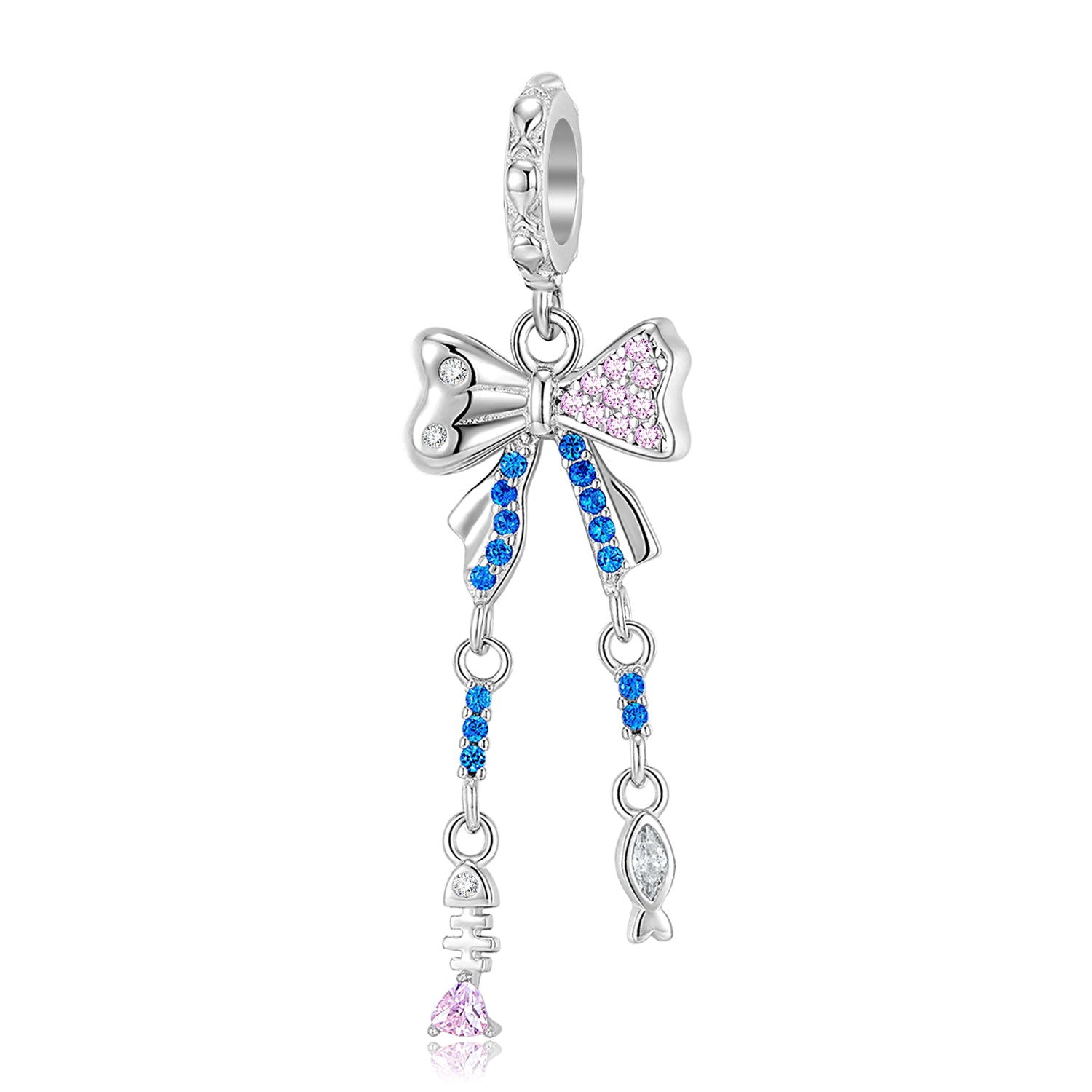 S925 Sterling Silver Blue Fishbone Bow Dangle Charm Ocean Pendant Bead For DIY Charm Bracelet Necklace Jewelry Gift