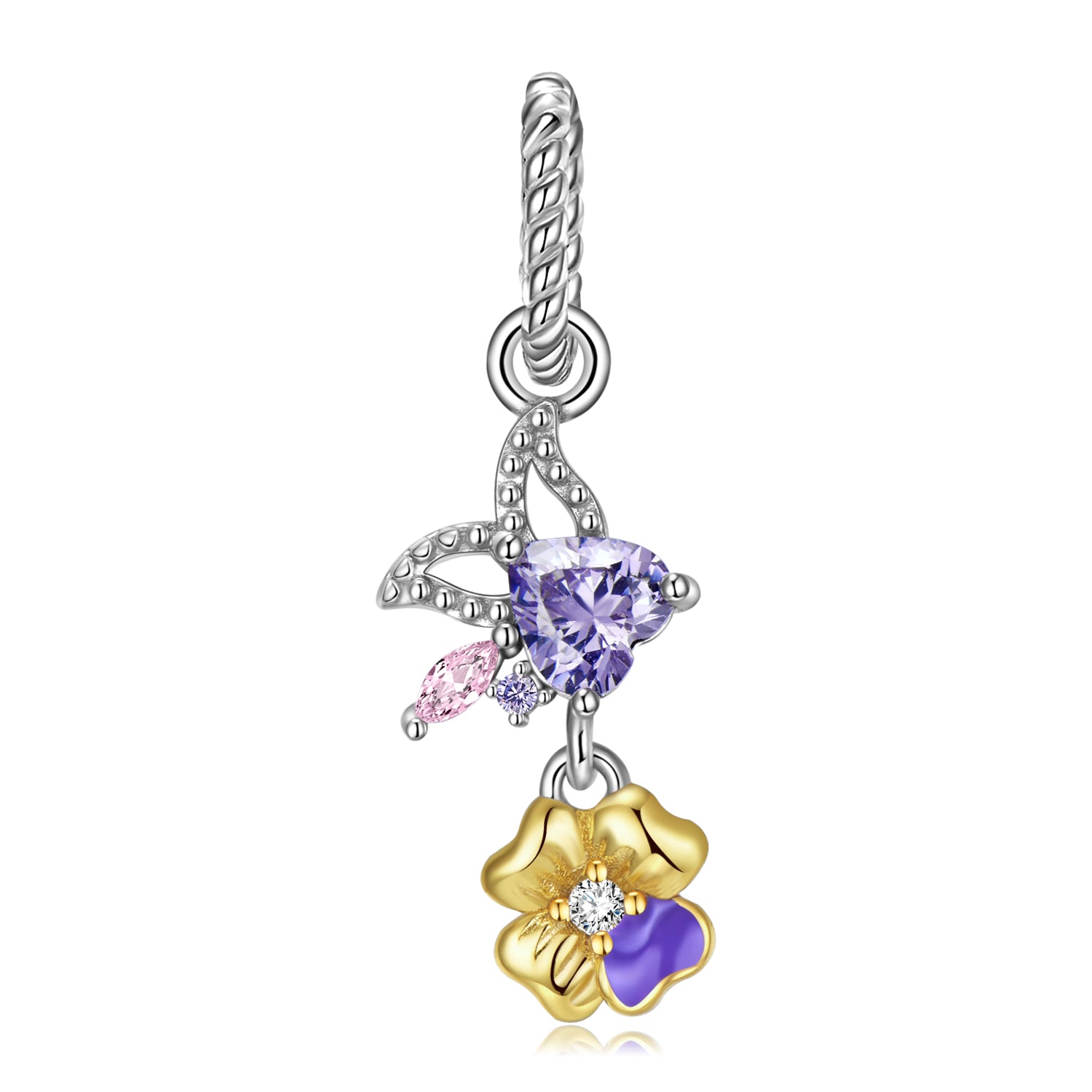Original Design S925 Sterling Silver February Violet Dangle Charm, February Birth Flower, Flower Language Series, CZ Charm Bead For DIY Bracelet Necklace, Pandora Compatible Jewelry Gift