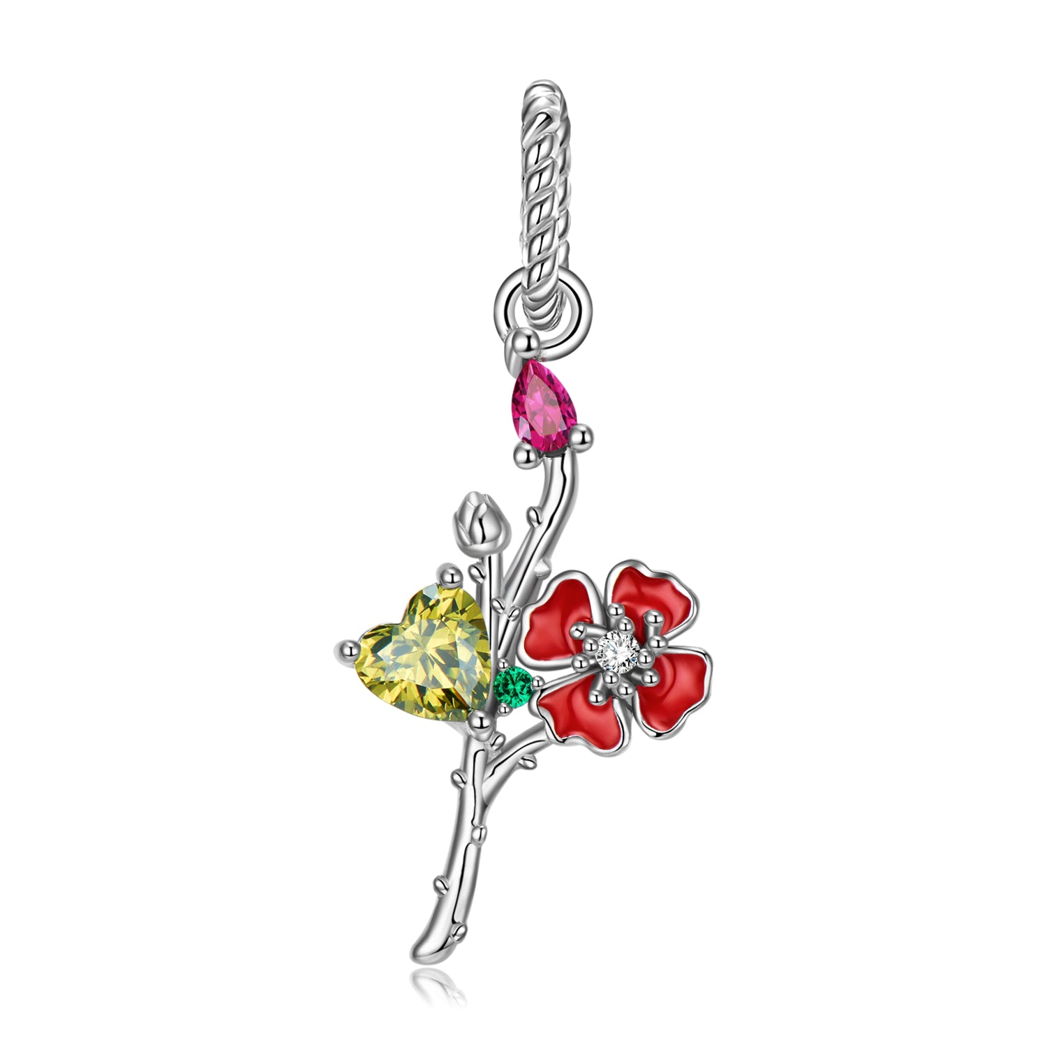 Original Design S925 Sterling Silver August Poppy Dangle Charm, August Birth Flower, Flower Language Series, CZ Charm Bead For DIY Bracelet Necklace, Pandora Compatible Jewelry Gift