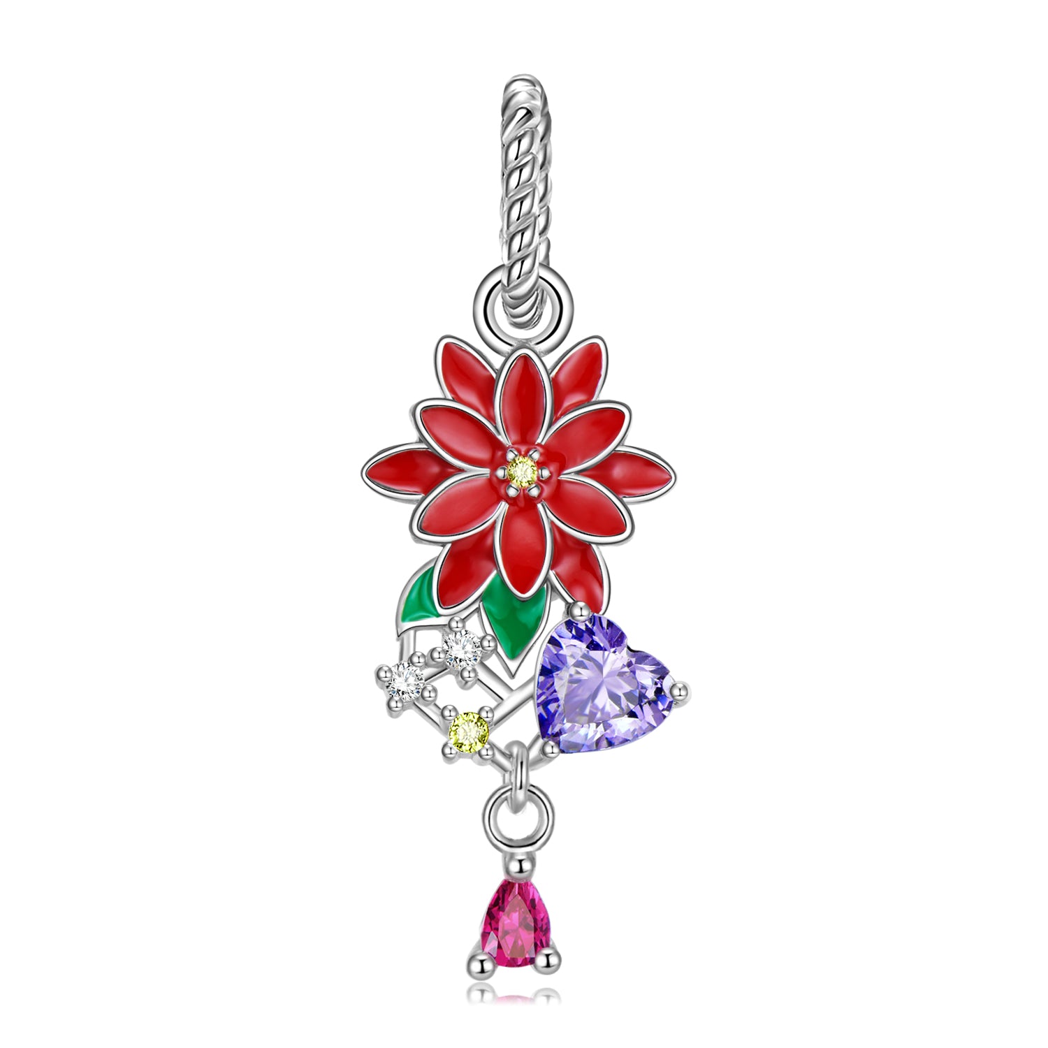 Original Design S925 Sterling Silver December Poinsettia Dangle Charm, December Birth Flower, Flower Language Series, CZ Charm Bead For DIY Bracelet Necklace, Pandora Compatible Jewelry Gift