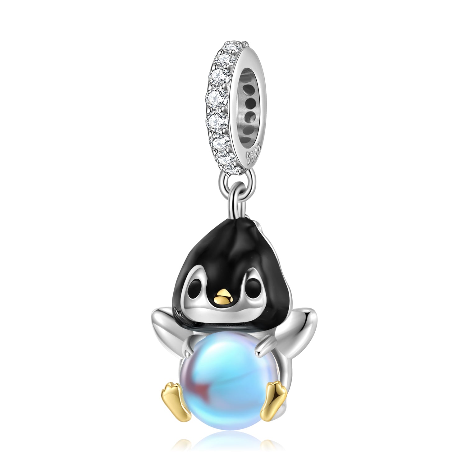 S925 Sterling Silver Penguin Dangle Charm With Created Moonstone Animal Pendant Bead For DIY Charm Bracelet Necklace Jewelry Gift