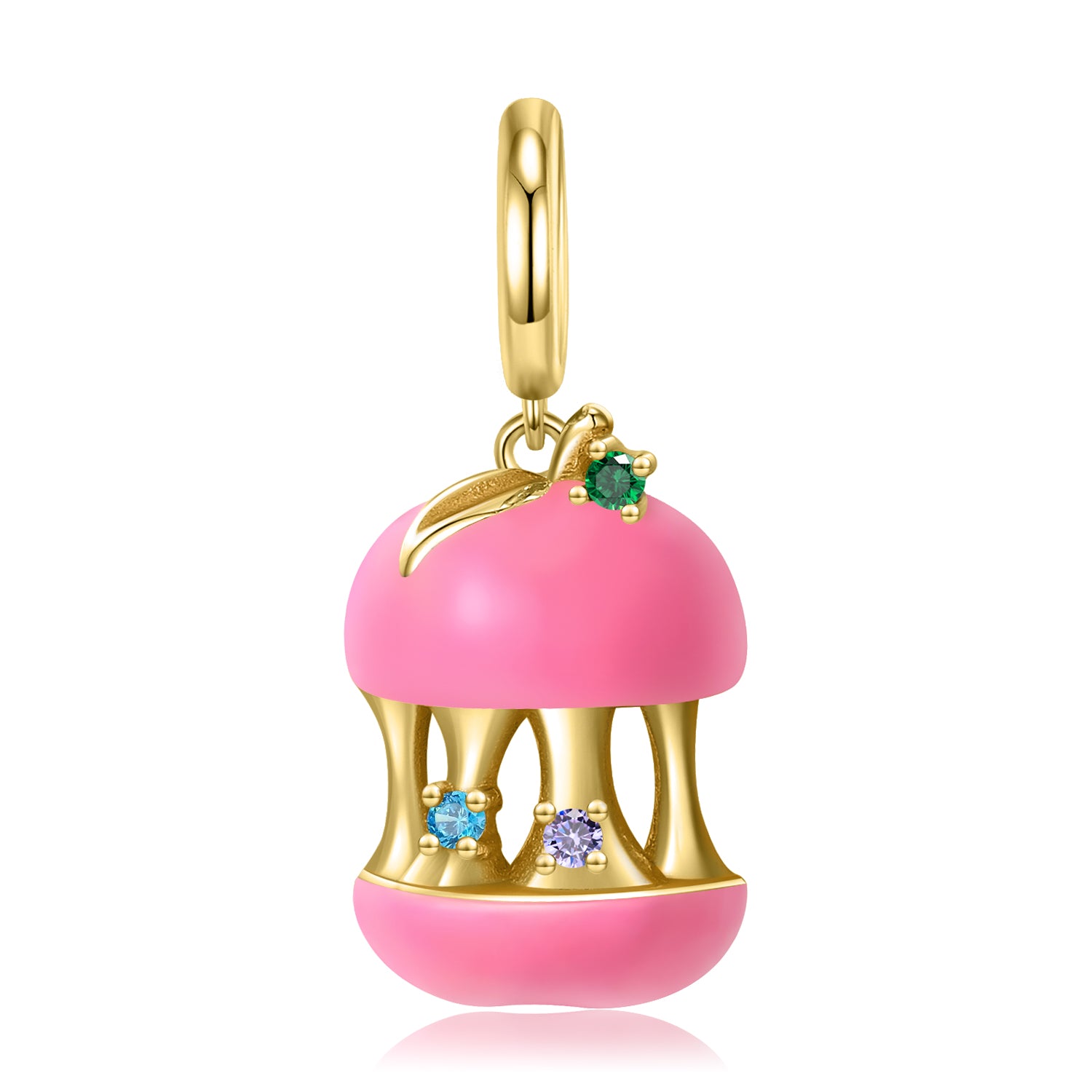 S925 Sterling Silver Gold Plated Pink Apple Dangle Charm Pendant Bead For DIY Charm Bracelet Necklace Jewelry Gift