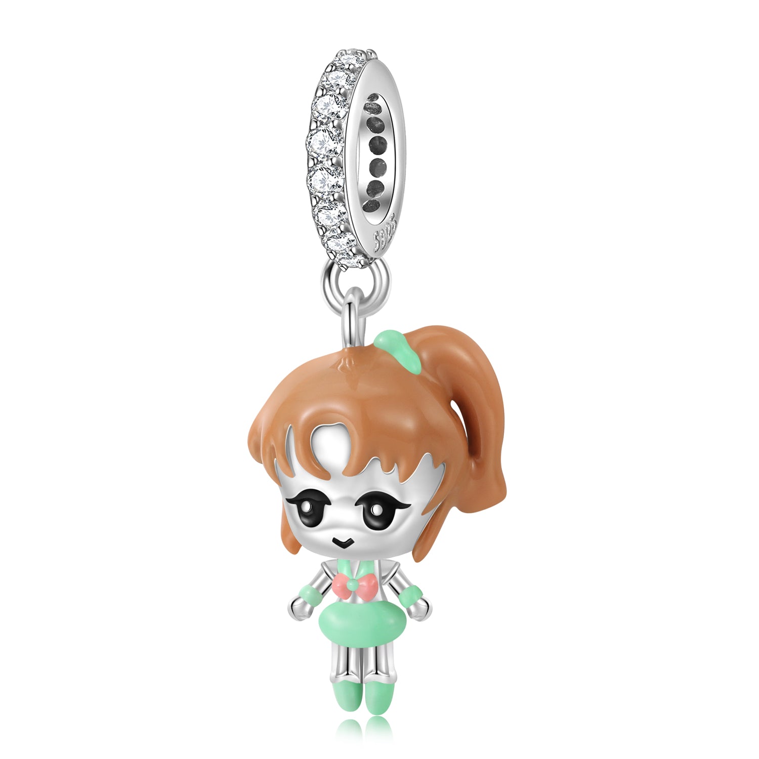 S925 Sterling Silver Dark Hair Girl Cartoon Dangle Charm Creative Pendant Bead For DIY Charm Bracelet Necklace Jewelry Gift