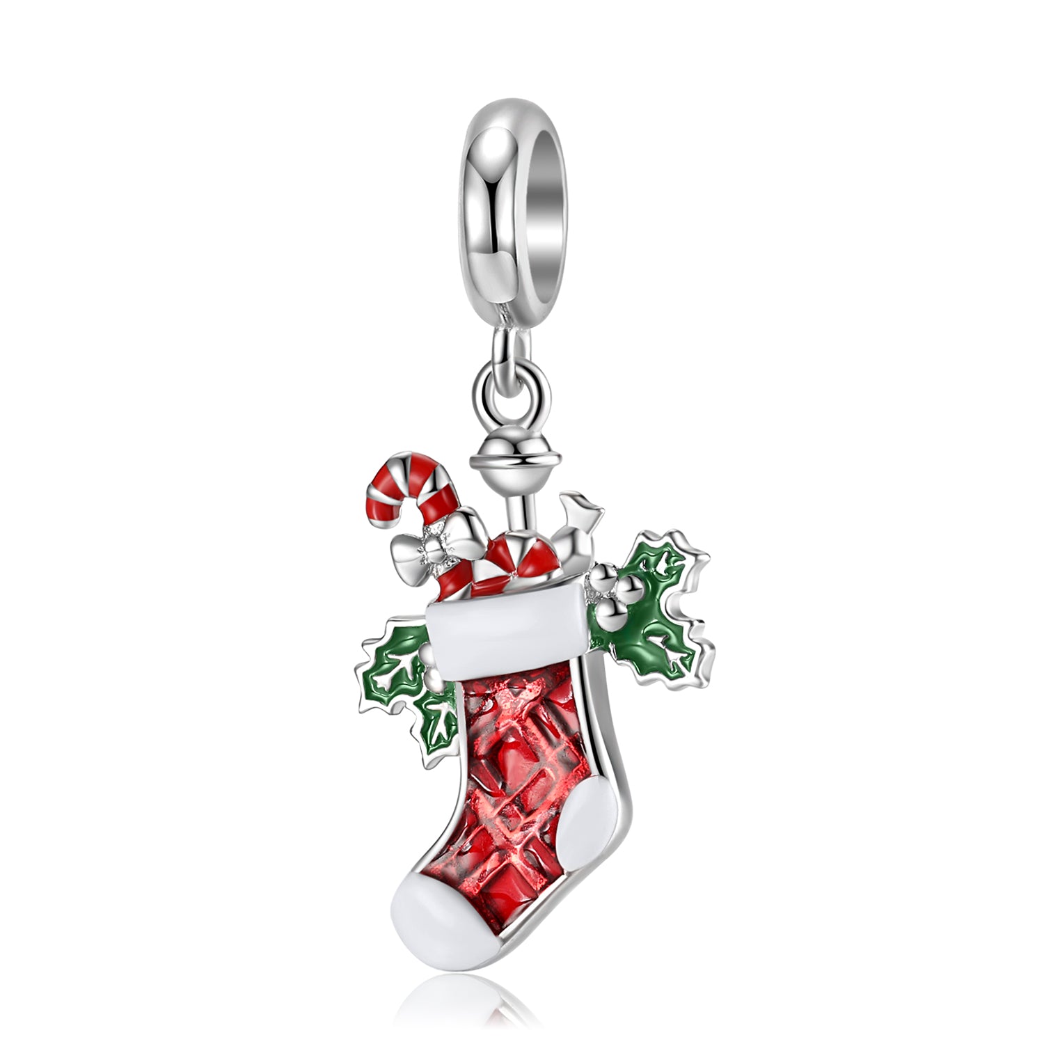 S925 Sterling Silver Enamel Christmas Stocking Dangle Charm Bracelet Pendant Bead For DIY Jewelry