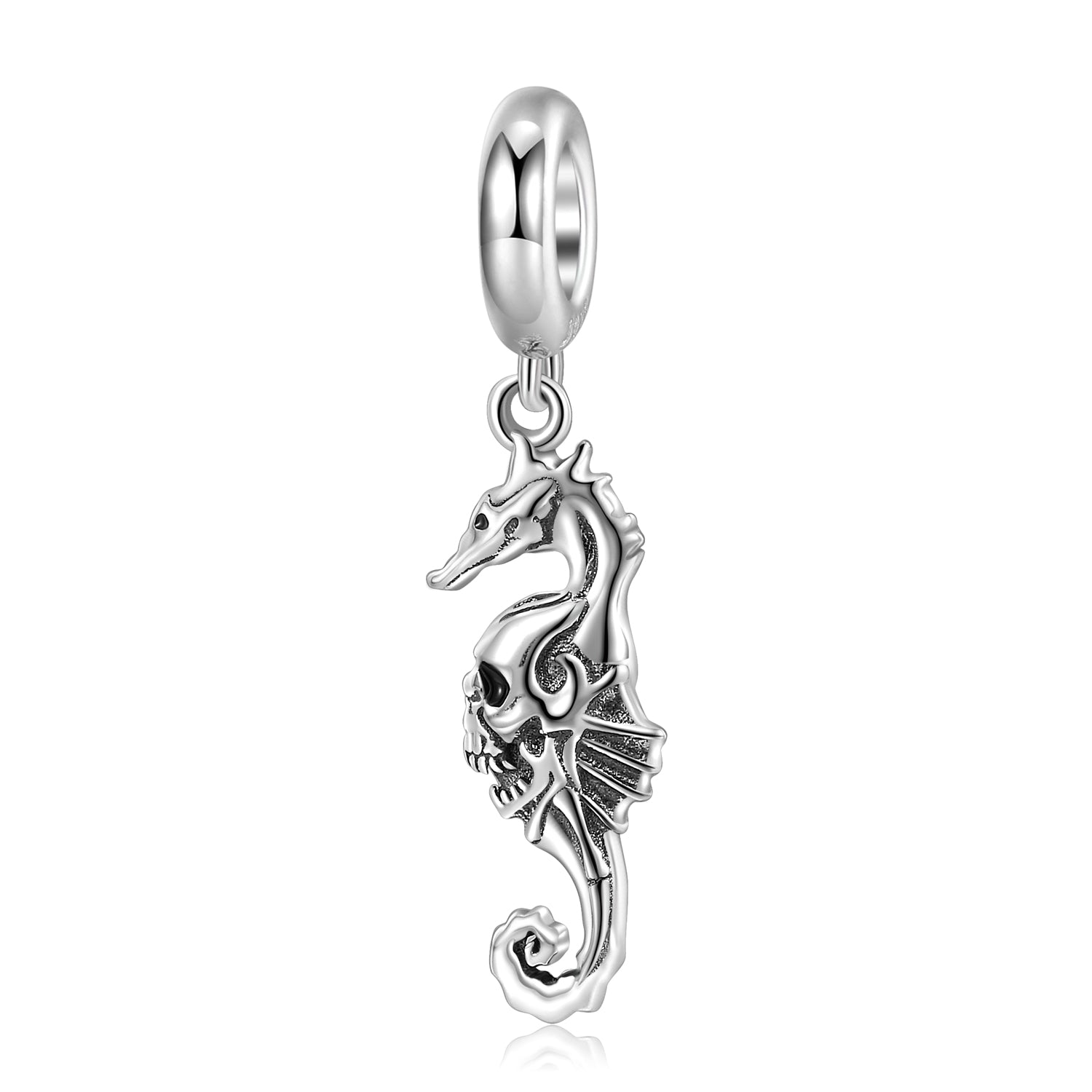 S925 Sterling Silver Oxidized Skull Seahorse Dangle Charm Gothic Pendant Bead For DIY Charm Bracelet Necklace Jewelry Gift