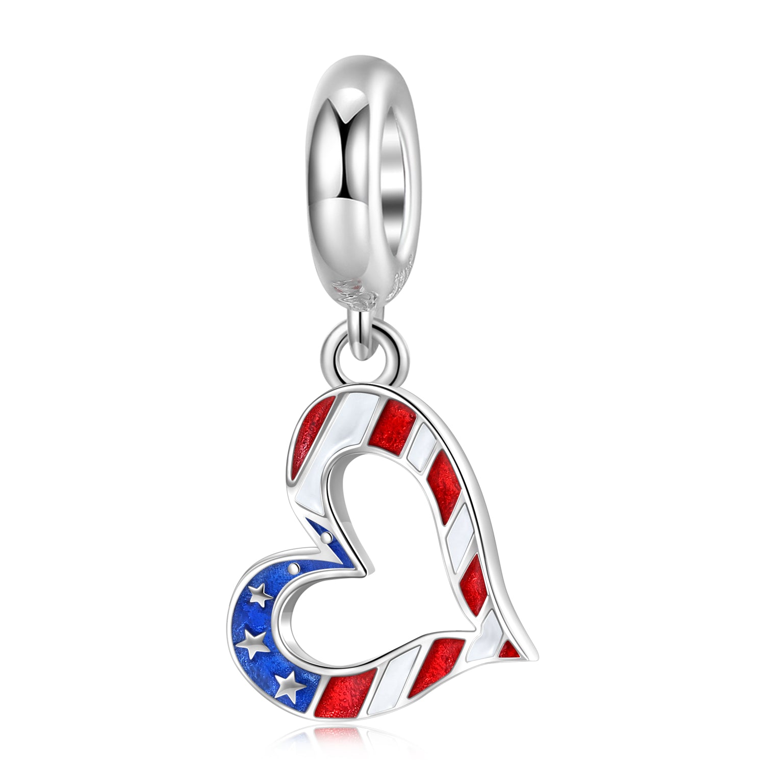 American Heart Charm 925 Sterling Silver Color Enamel Pendant Bead For DIY Charm Bracelet Necklace Patriotic Jewelry Gift