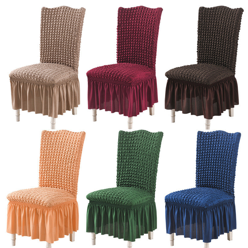 Solid Bubble Plaid With Skirt Dining Chair Cover Elastic Chair Slipcover