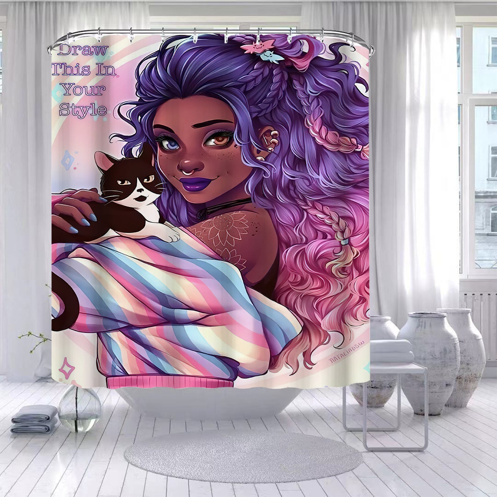 Cartoon African Girls Shower Curtain Waterproof Polyester Hanging Bathroom Background