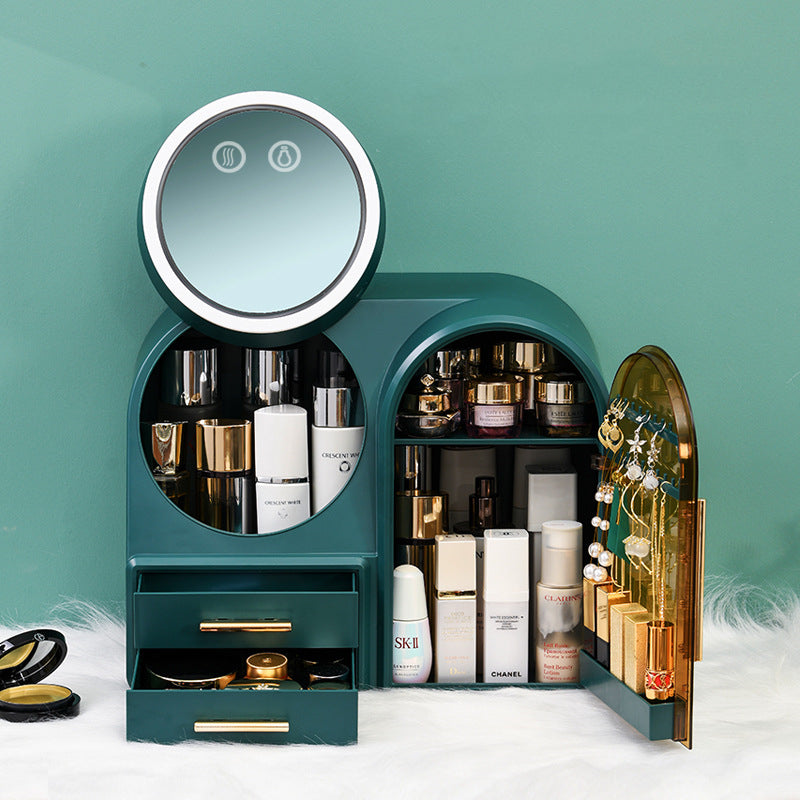 Women Desktop Makeup Organizer Large Capacity LED Mirror Cosmetics Storage Box with Fans
