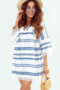 Blue Vintage Print V Neck Lace Stitching Loose Dress